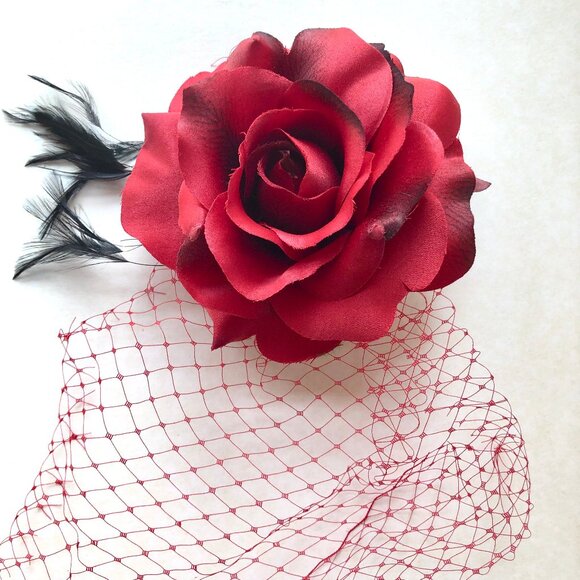 Retro Torture Couture Large Rockabilly Red Rose Hair Clip Fascinator Handmade - Picture 1 of 5